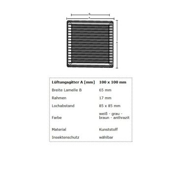 L&uuml;ftungsgitter eckig 100 x 100 mm Insektenschutz w&auml;hlbar