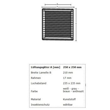 L&uuml;ftungsgitter eckig 250 x 250 mm Insektenschutz w&auml;hlbar wei&szlig; mit Insektenschutz