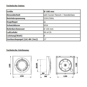 Badl&uuml;fter Badventilator L&uuml;fter Bad Ventilator Einbautiefe 50 mm kurz &Oslash; 100 mm Standard ja