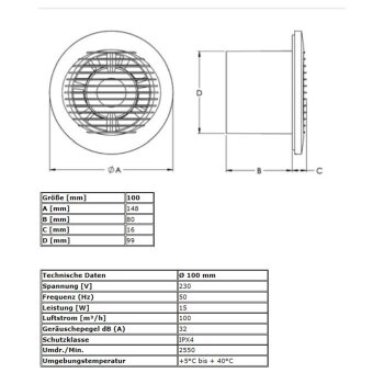 Badlüfter Abluftventilator Ventilator Lüfter Badezimmer WC Toilette Entlüftung  Standard Ø 100 mm