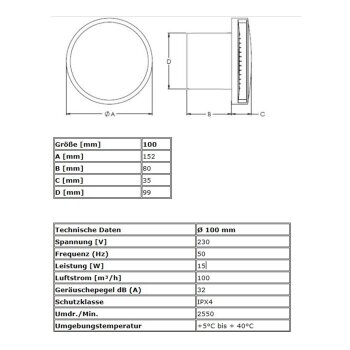Badl&uuml;fter Abluftventilator Ventilator L&uuml;fter Badezimmer WC Toilette Entl&uuml;ftung Feuchtigkeitssensor &Oslash; 100 mm