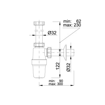 Siphon Flaschensiphon R&ouml;hrensiphon Waschtisch Ger&auml;teanschluss &Oslash; 32 - 40 mm