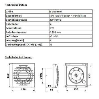 Badventilator Badlüfter Lüfter Bad Ventilator Einbautiefe 50 mm kurz Ø 100 mm B-WARE