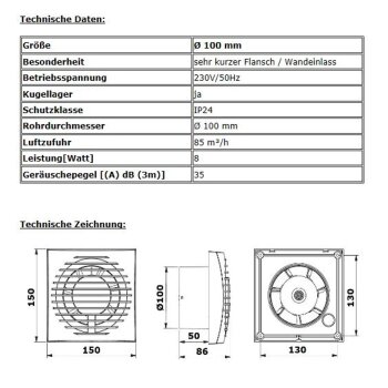 Badventilator Badl&uuml;fter L&uuml;fter Bad Ventilator Einbautiefe 50 mm kurz &Oslash; 100 mm B-WARE