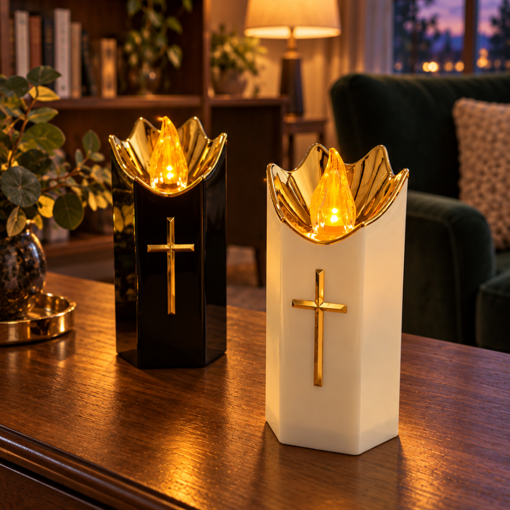 LED-Gedenkkerze mit goldenem Kreuz als stimmungsvolles Motiv